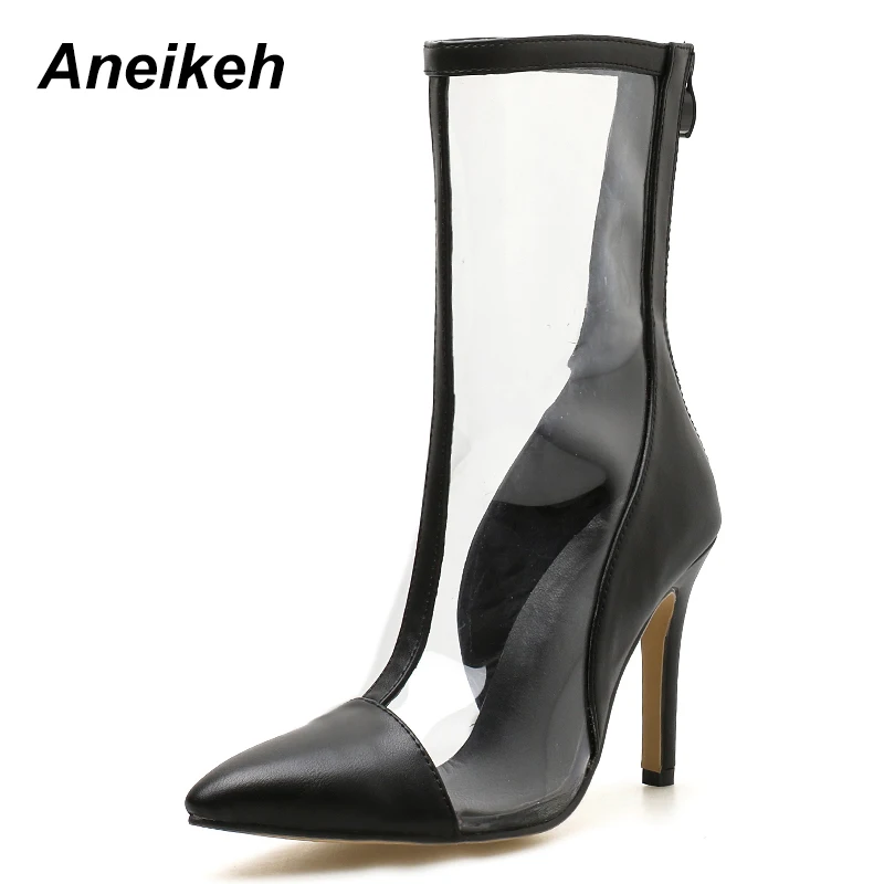

Aneikeh 2018 Spring Autumn New PVC Transparent Ankle Boots Dress Shoes Women Pointed Toe Stiletto Heel Chelsea Boots Size 35-40
