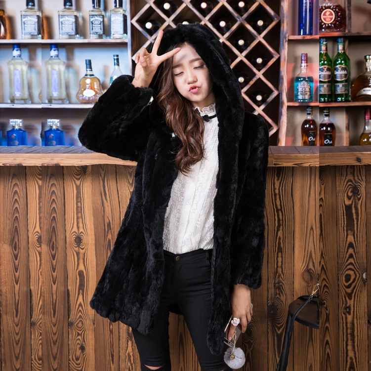 Hooded Warm Winter Real Rex Rabbit Fur Coats Outerwear Women Full
