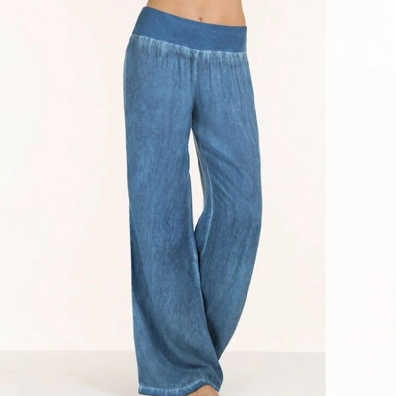 

Sportswear Loose Solid Full Length Denim Yoga Pants Elastic Waist Mid Waist Pleated Wide Leg Pants Plus Size 5XL YC900684
