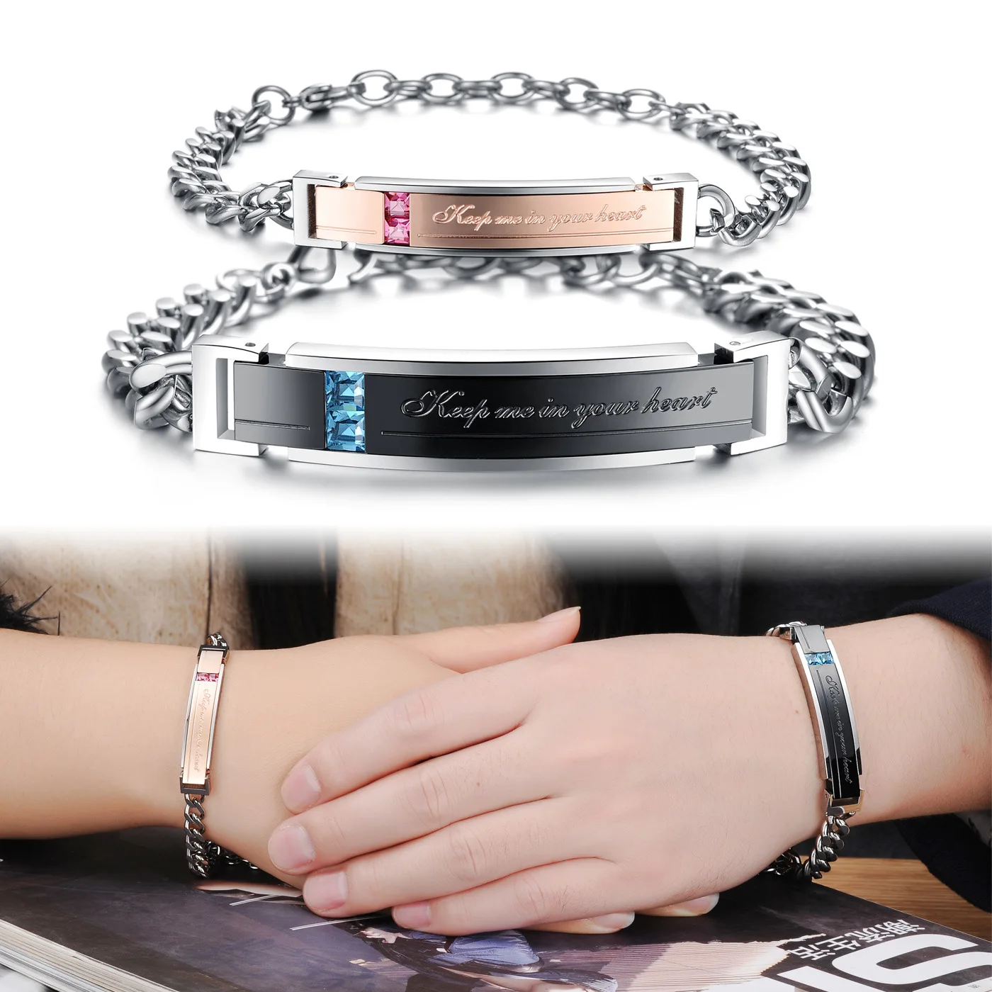

Fashion Stainless Steel Couple Bracelet Lover 's Shinnging Crystal Love Bracelets With Extended Links GS752 one pcs