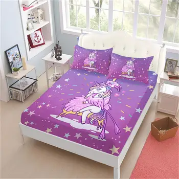 

Flamingo Unicorn Sheet Set Girls Colorful Cartoon Fitted Sheet King Queen Flat Sheet Bed Linens Pillowcase Kids Bedding Set