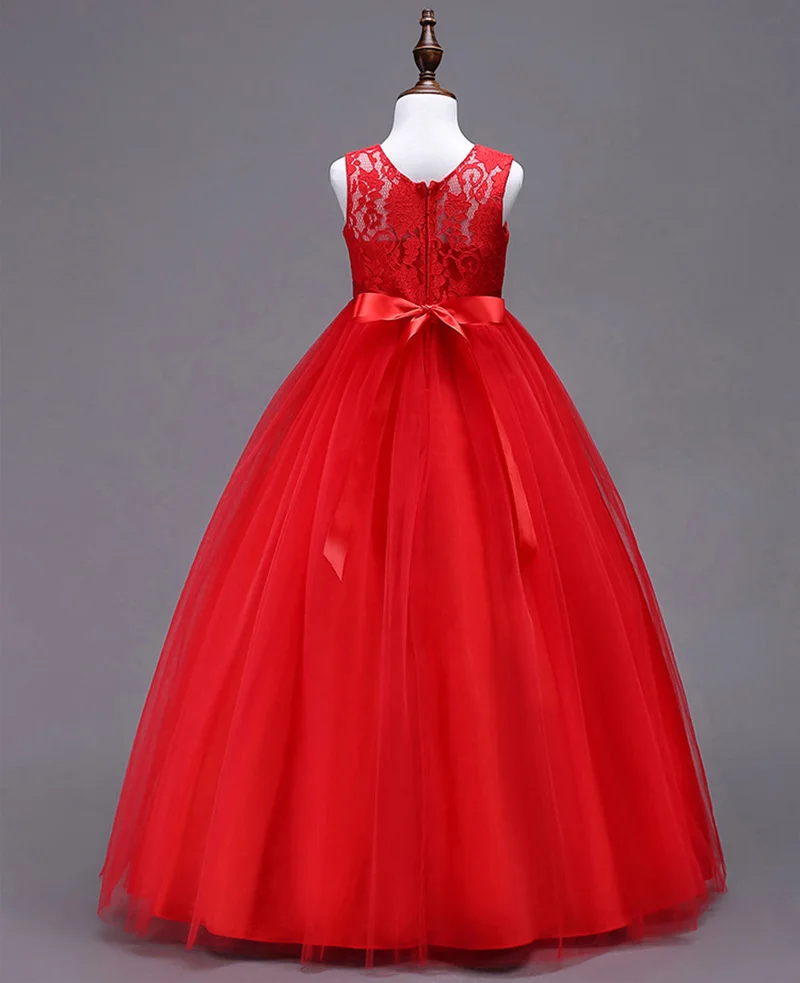 Cielarko/платье для девочек; сетчатые кружевные Детские платья для свадебной вечеринки; элегантные бальные платья длиной до щиколотки; дамское платье для маленьких девочек - Цвет: Red