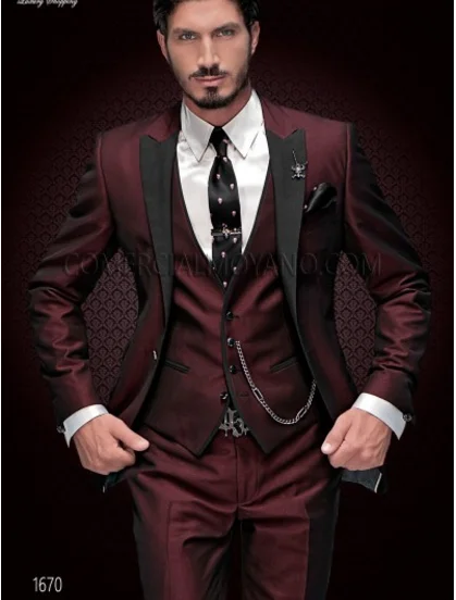 

New Brand Groom Tuxedo Suit 2018 Custom Made Wine Red Men Suits Terno Slim Fit Peaked Lapel Groomsmen Men Wedding Prom Suits