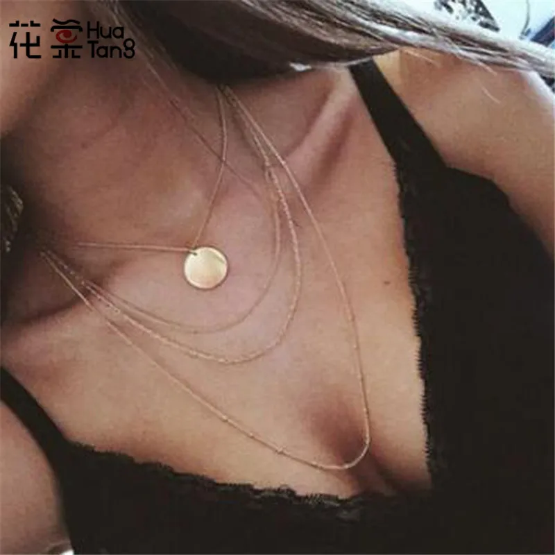 

HuaTang Bohemia Style Gold Chain Necklace Geometric Big Round Pendant Simple Necklaces Layered Necklace Jewelry Statement 2007