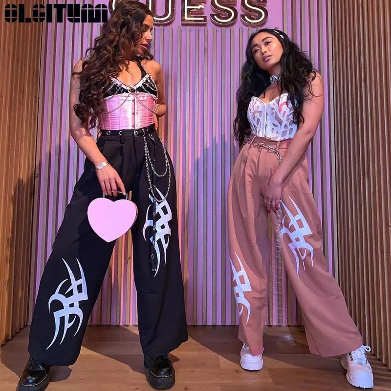 

New Wide Leg Pants Women Harajuku High Waist Black Printed Casual Ladies Trousers Pink Punk Sweatpants Streetwear Summer PT295