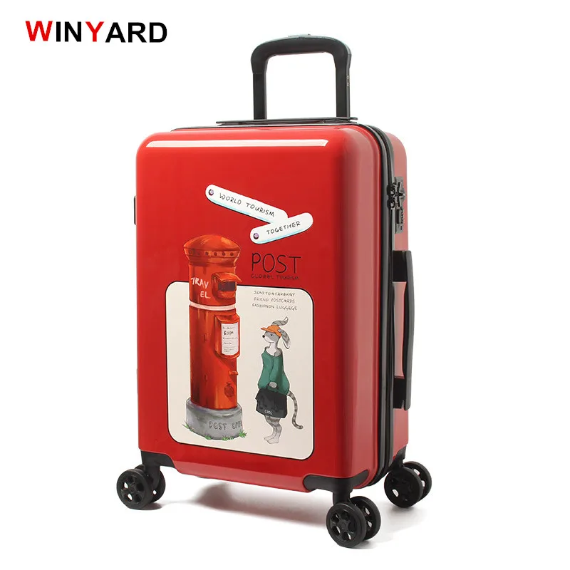 Оптовая продажа! Винтаж UK Post ABS + PC Hardside Футляр багаж, девушки 20 дюймов интернат багажа, Красный Ретро мультфильм багажа