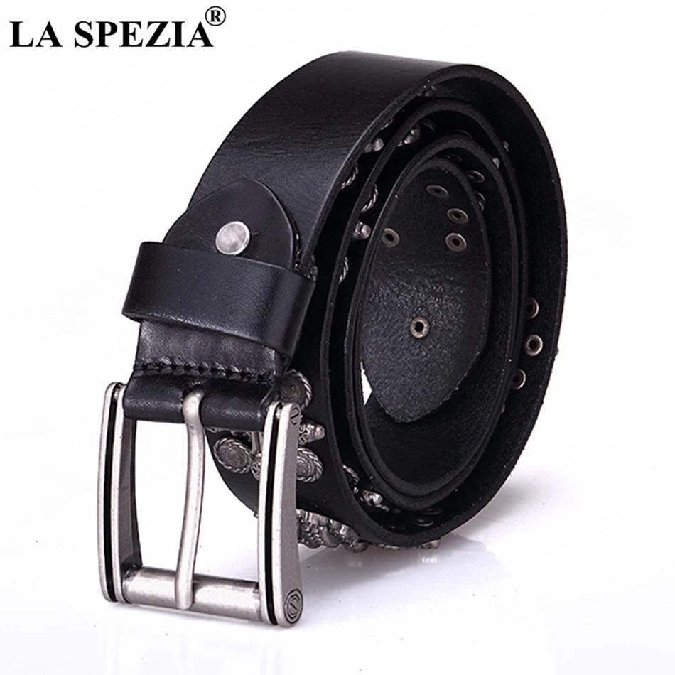 

LA SPEZIA Pin Buckle Belt Men Real Leather Streetwear Belt Male Black Rock Genuine Cowhide Leather Square Punk Skull Buckle Belt