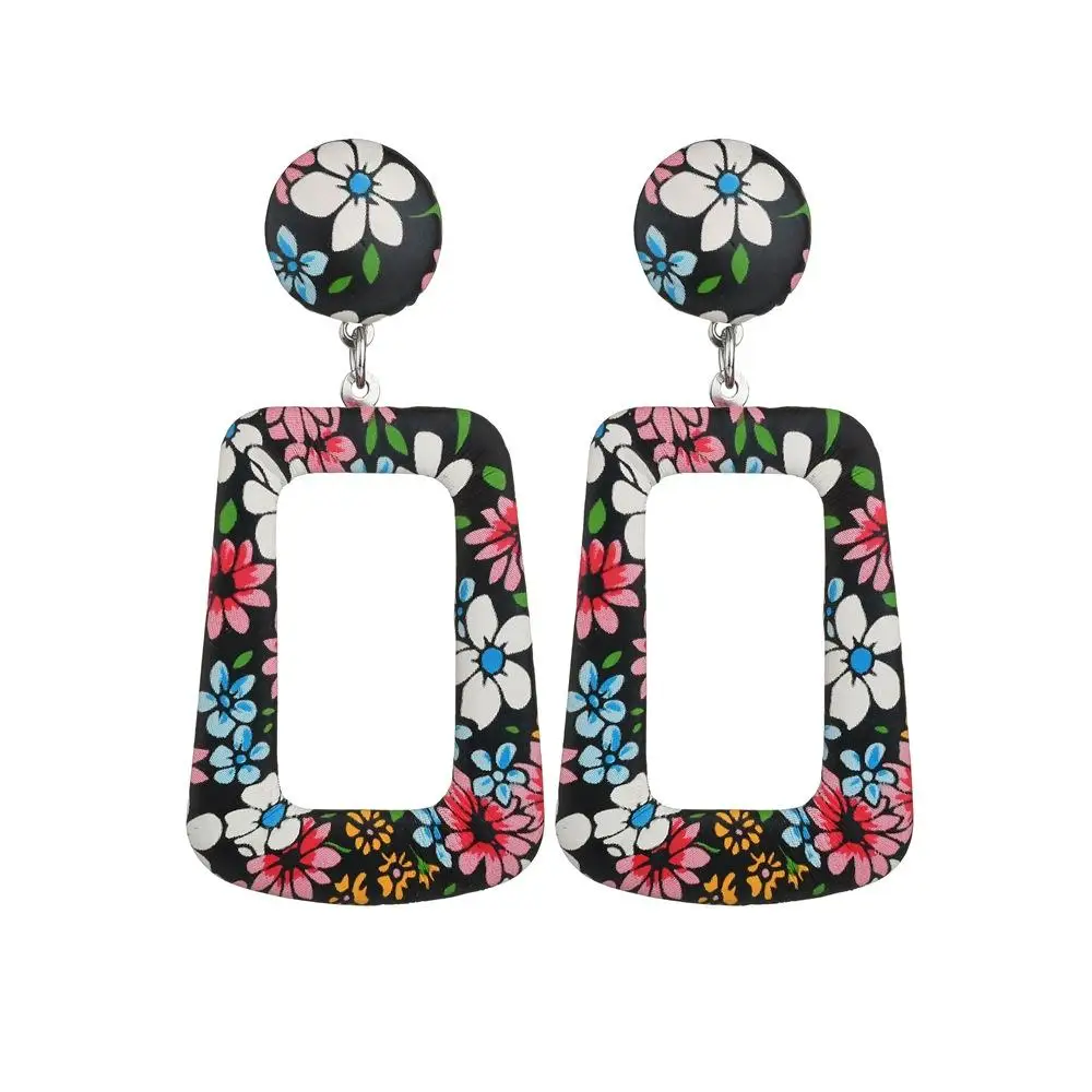 Low MOQ PU Leather Flower Printed Alloy Square Hoops Metal Earrings Jewelry
