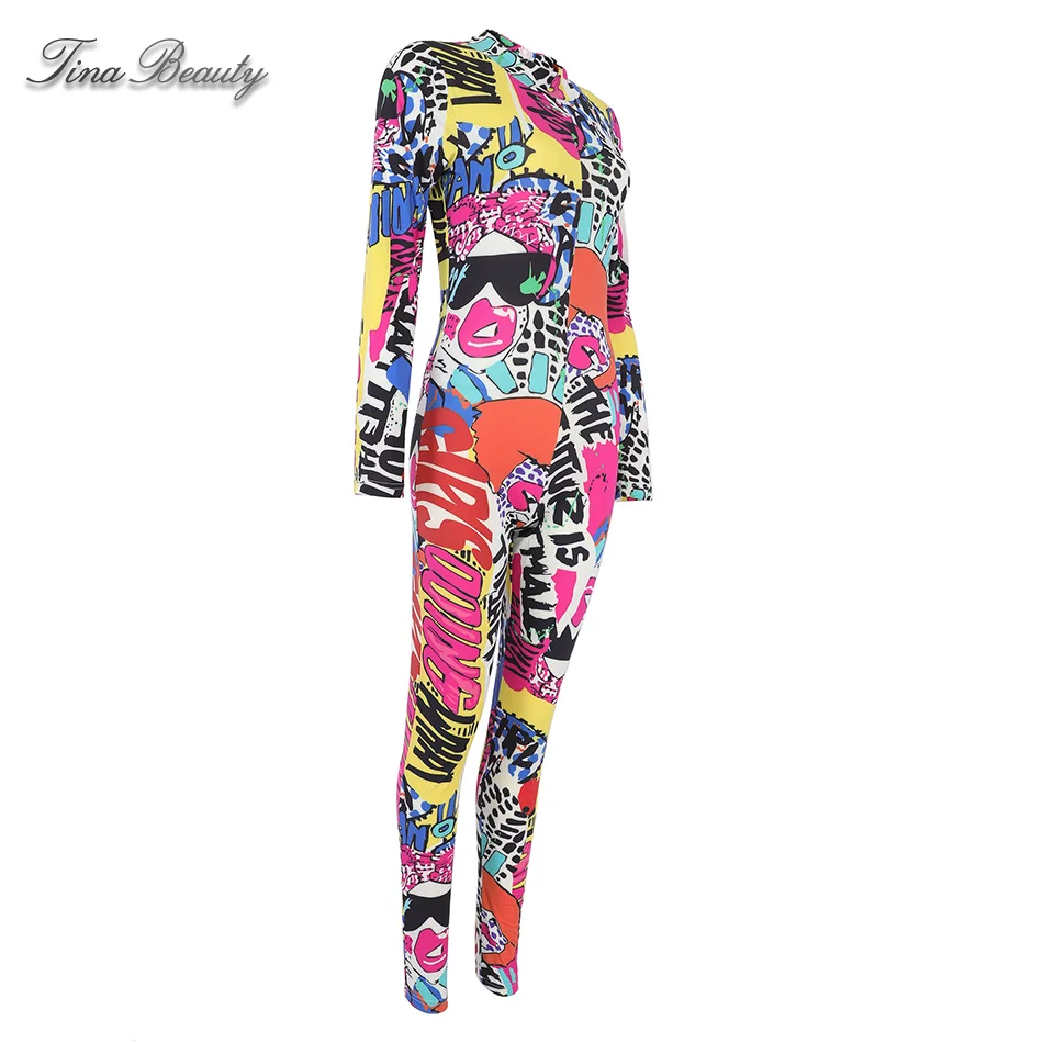 Tina Beauty Red Yellow and Black Colorblock Printing Pattern Full Sleeves Bodycon Maxi Jumpsuits for Women 2019
