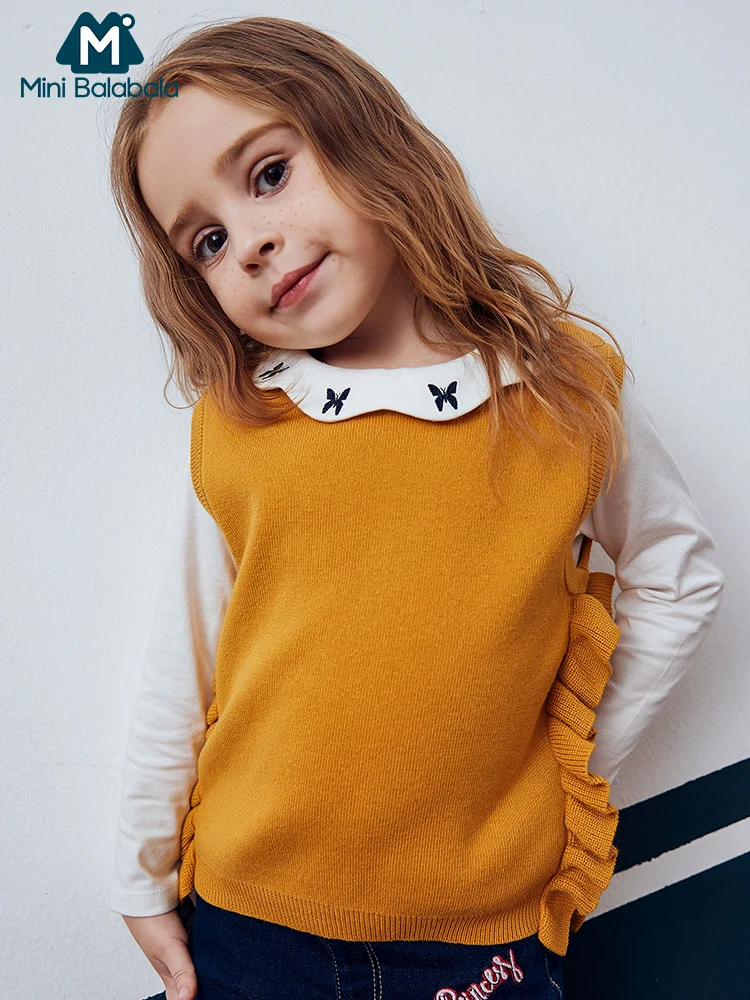 

Mini Balabala Kids Girls Ruffled Fine Knit Vest Soft Cotton Blend Tops Sleeveless Children Toddler Girls Autumn Clothes Clothing