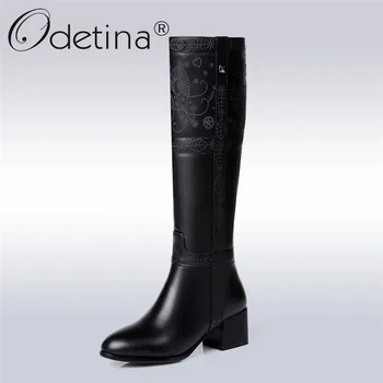 

Odetina Brand 2017 Fashion Genuine Leather Womens Riding Boots Chunky Heel Knee High Boots Wide Half Winter Shoes Plus Size 45