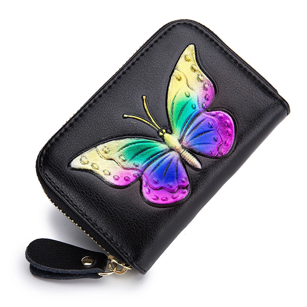 

Fashion Butterfly Card Holder Women Genuine Leather ID Bank Business Card Organizer Case Wallet Zipper Credit Cardholder RFID