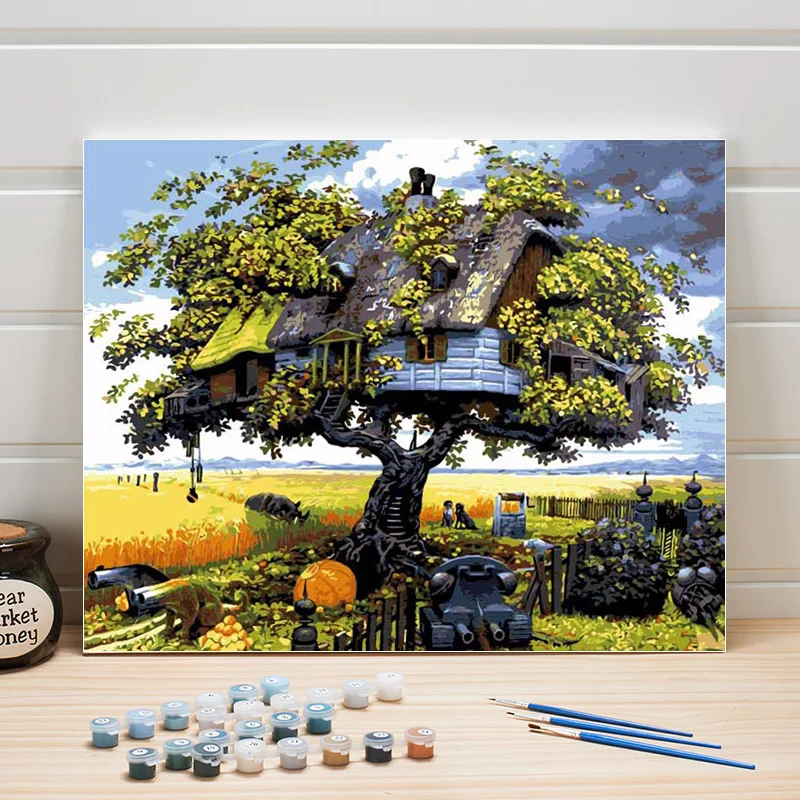 

Paint Oil Painting By Number Tree Landscape DIY Acrylic Coloring Art On Canvas Wall Pictures For Living Room Adults Drawing Kits