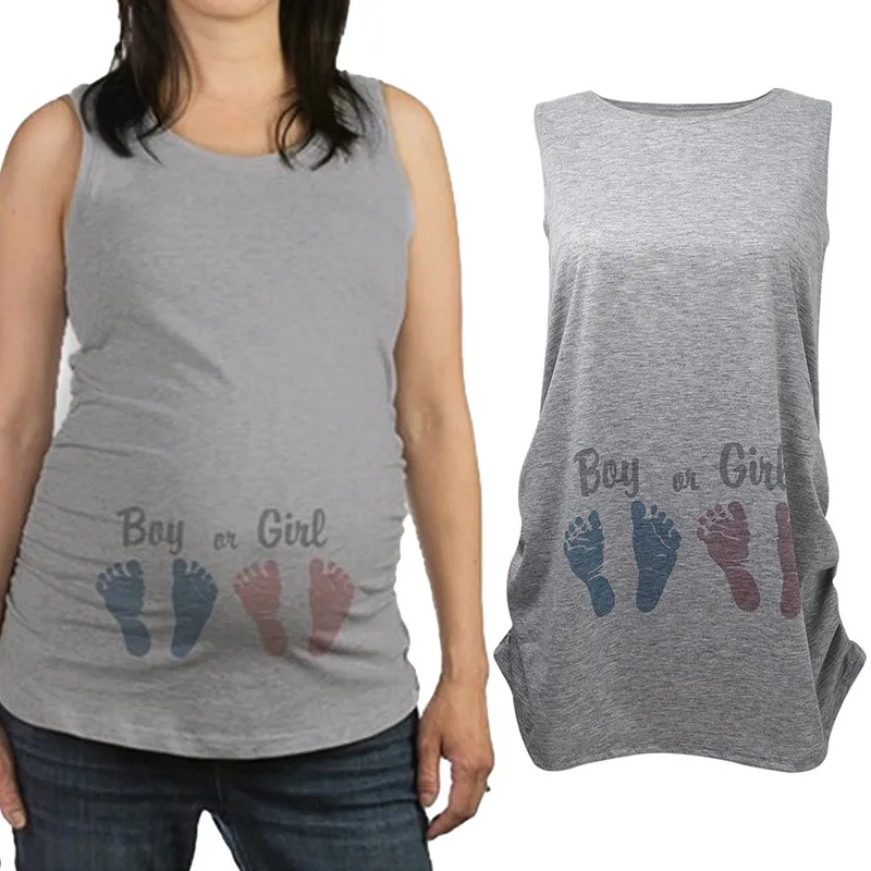 Летом материнства беременных женская одежда Топы Футболка Повседневное свободные Baby Foot печати Футболка для беременных Большие размеры хлопок Уход Топ
