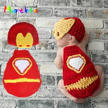 

Crochet Newborn Ironman Outfit Photography Props BABY Boys Super Hero Photo Props Infant Hat Cape Set Free size 0-3M