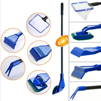 

5 In1 Aquarium Tank Complete Clean Fish Net Gravel Rake Algae Scraper Fork Sponge Brush Glass Cleaner Tool Accessories