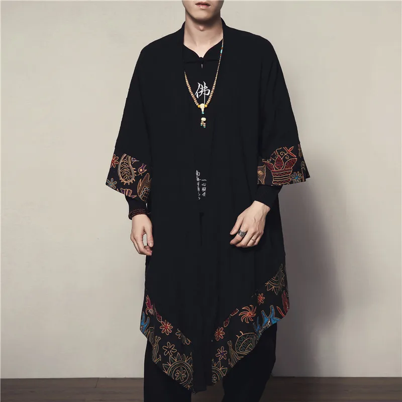 الرجال القطن الكتان سترة طويلة الكشمير سترة النمط الصيني الذكور الأزياء عارضة سترة واقية فضفاض شال كيمونو ملابس خارجية معطف