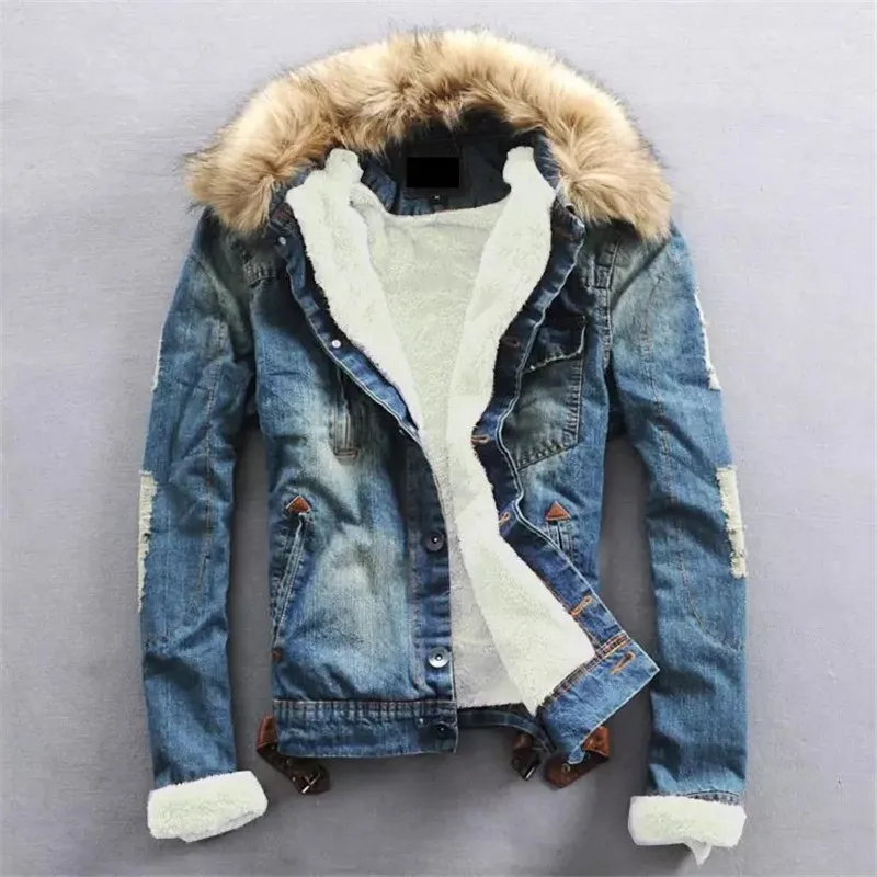 

Idopy Winter Fleece Denim Jacket Plus Size S-6XL Thicken Thermal Warm Jeans Jacket and Coat With Fur Collar