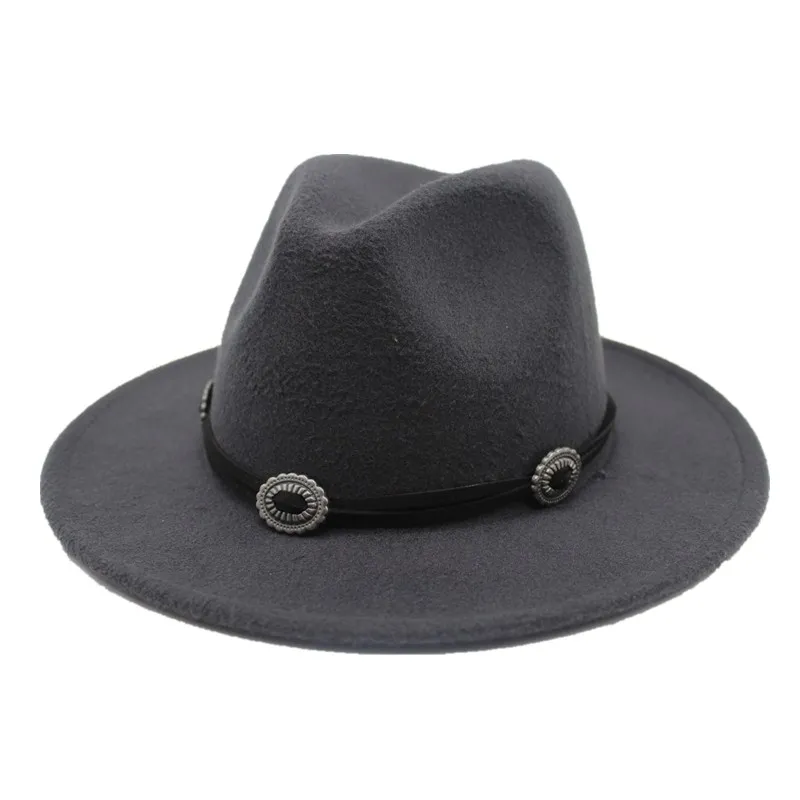 Dark grey Seioum зимняя фетровая шляпа с металлическим поясом Женская широкополая фетровая шляпа мужская Панама Fedora шапки винтажный Топ шапка Femme - Цвет: Dark grey