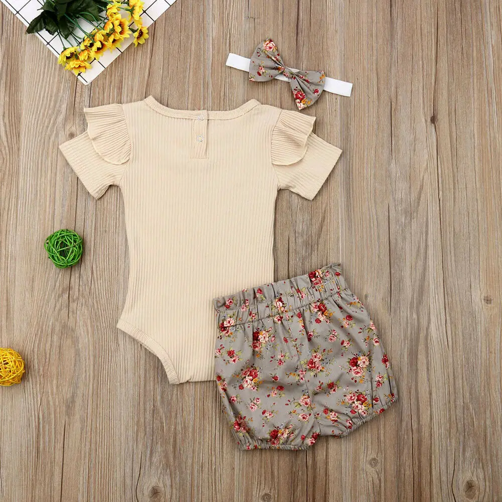 Baby Clothing Set cheap 2019 Baby Summer Clothing Newborn Infant Baby Girl Boys Clothes Sets Solid Ribbed Romper+Floral PP Shorts+Headband 3Pcs Outfit baby dress set for girl