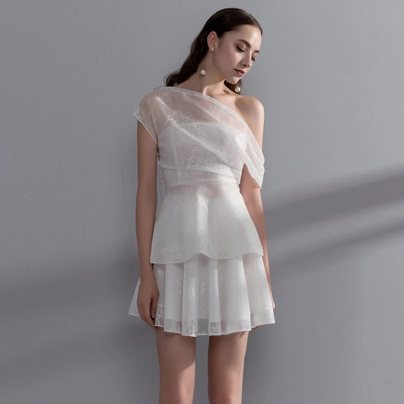 Max Spri, женская одежда, вечерние платья с открытыми плечами, Сетчатое мини-платье с оборками, белая одежда для вечеринки, летнее платье с жемчугом