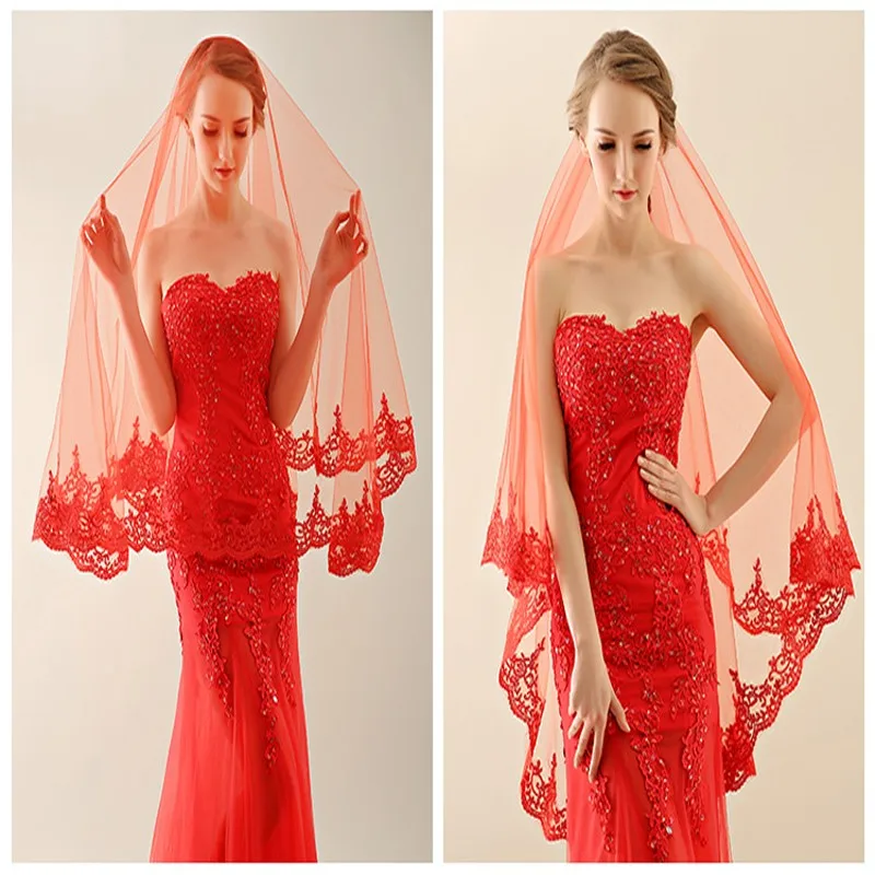 Бесплатная Доставка 2017 Горячие Продажа Простой Red One Layer Bridal Veil Кружева Аппликация Край Фата Высокое Качество