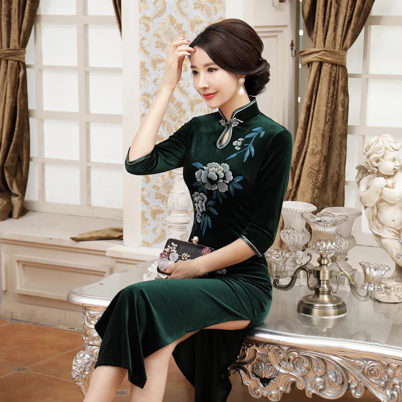 Национальный китайский длинное платье женская бархатная Cheongsam Размер S M L XL 2XL 3XL 4XL