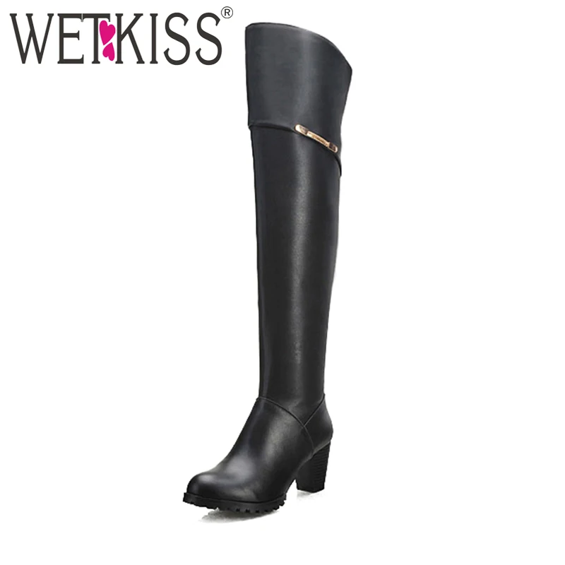 WETKISS Plus Size 32-43 Genuine Leather Pu Over the Knee Boots Women Thigh High Knight Boots Winter Zipper Thick Heels Footwear