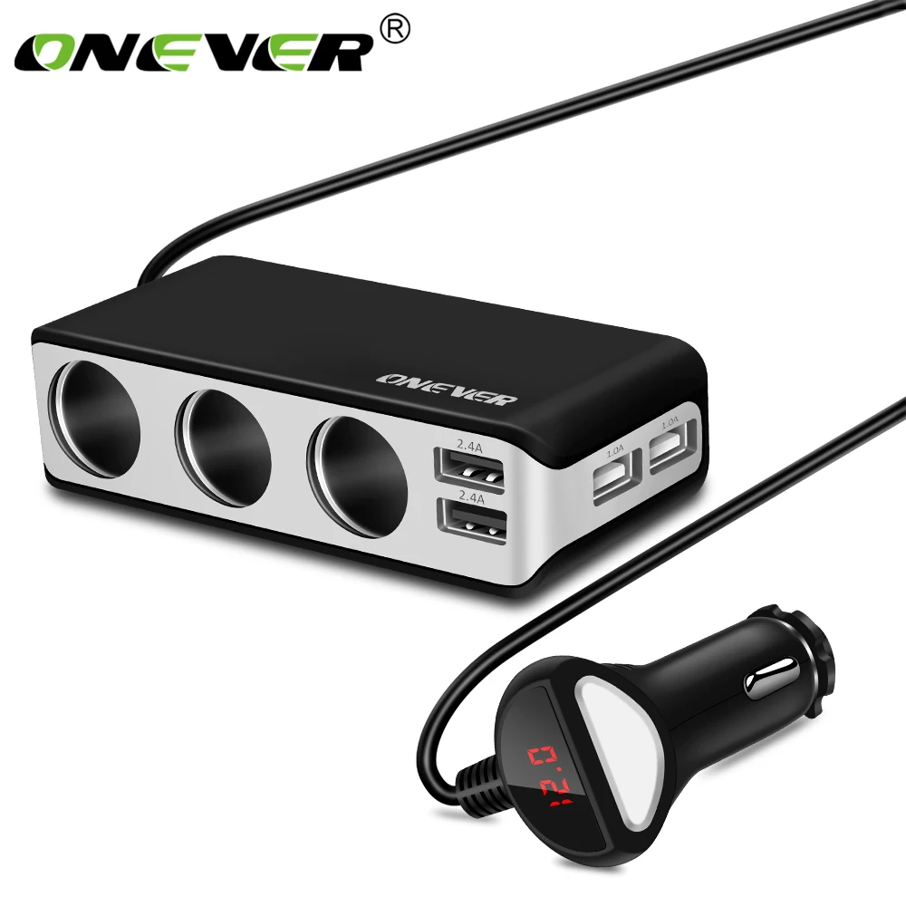 Onever 4 USB порты и разъёмы 3 Way автомобиля Авто прикуриватели Разъем Splitter 120 Вт выход адаптеры питания 12 ~ В 24 в зарядное устройство Быстрая зарядка вольтметр - изображение