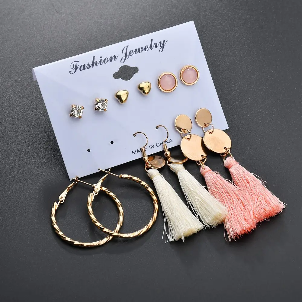 

MissCyCy Fashion Long Tassel Earrings for Women 2019 New Bohemian Heart Round Rhinestone Earrings Set Jewelry Female Brincos