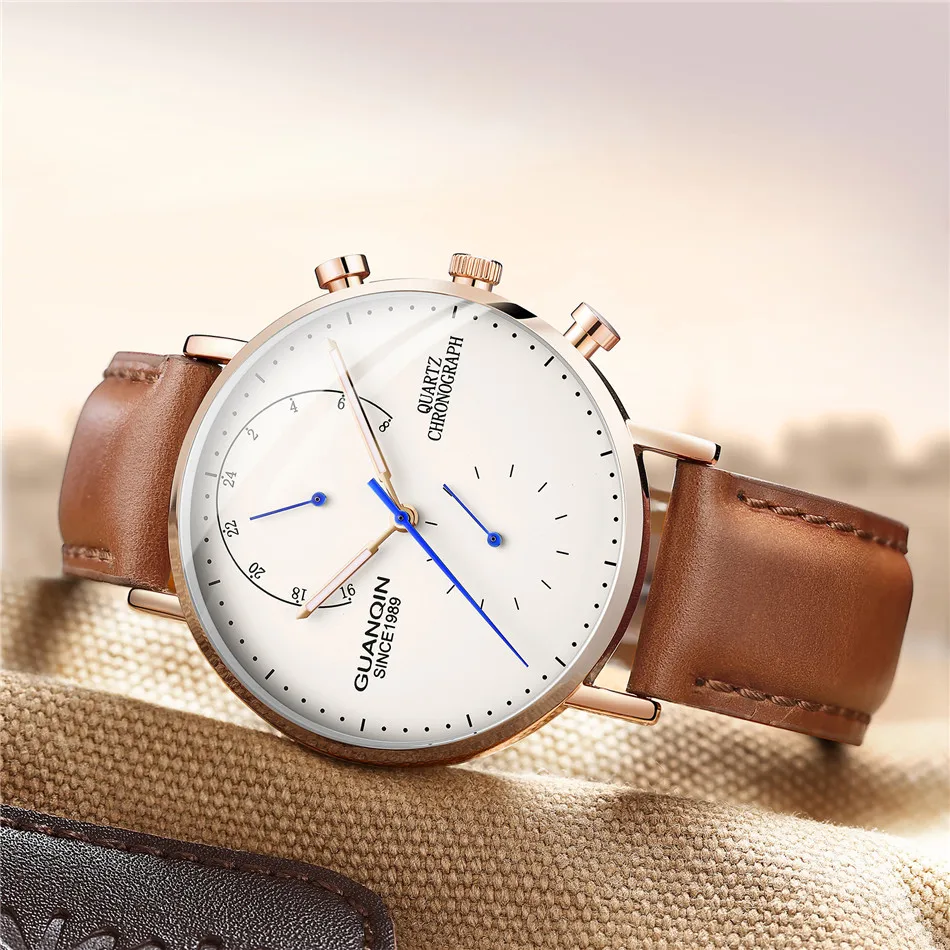 GUANQIN брендовые роскошные часы, мужские модные креативные аналоговые светящиеся часы с хронографом и кожаным ремешком в стиле ретро, кварцевые часы
