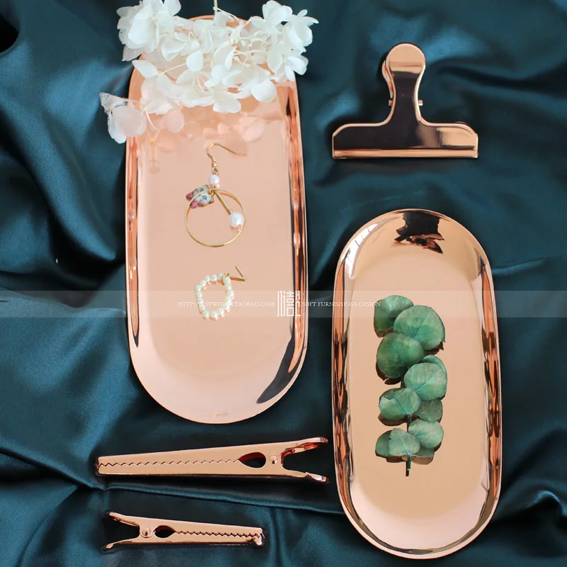 

Nordic chic style metal stainless steel brass oval storage/tea tray rose gold clip Ins popular product decoration