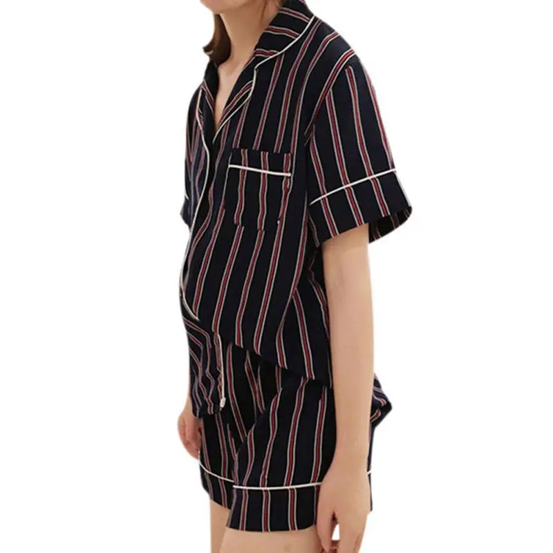 Summer Women Pajamas Turn-down Collar Sleepwear 3 Piece Set Shirt+Shorts Striped+Headdress Casual Pajama Set pijama de mujer