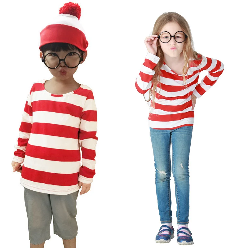 Chlid Wally Waldo/костюм для мальчиков косплея рубашка в белую и красную полоску девочек