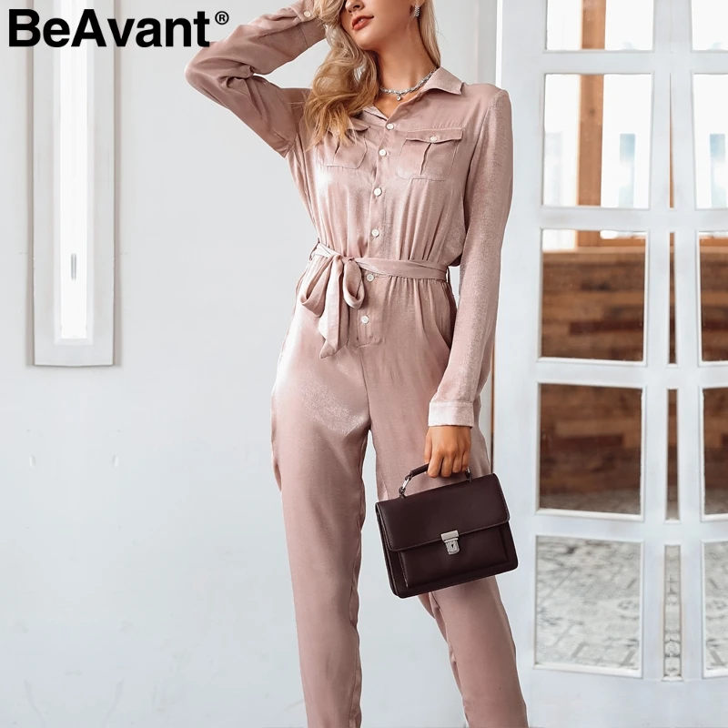 

BeAvant Satin elegant long sleeve jumpsuits rompers Casual sash button overalls playsuit High waist 2018 winter jumpsuit women