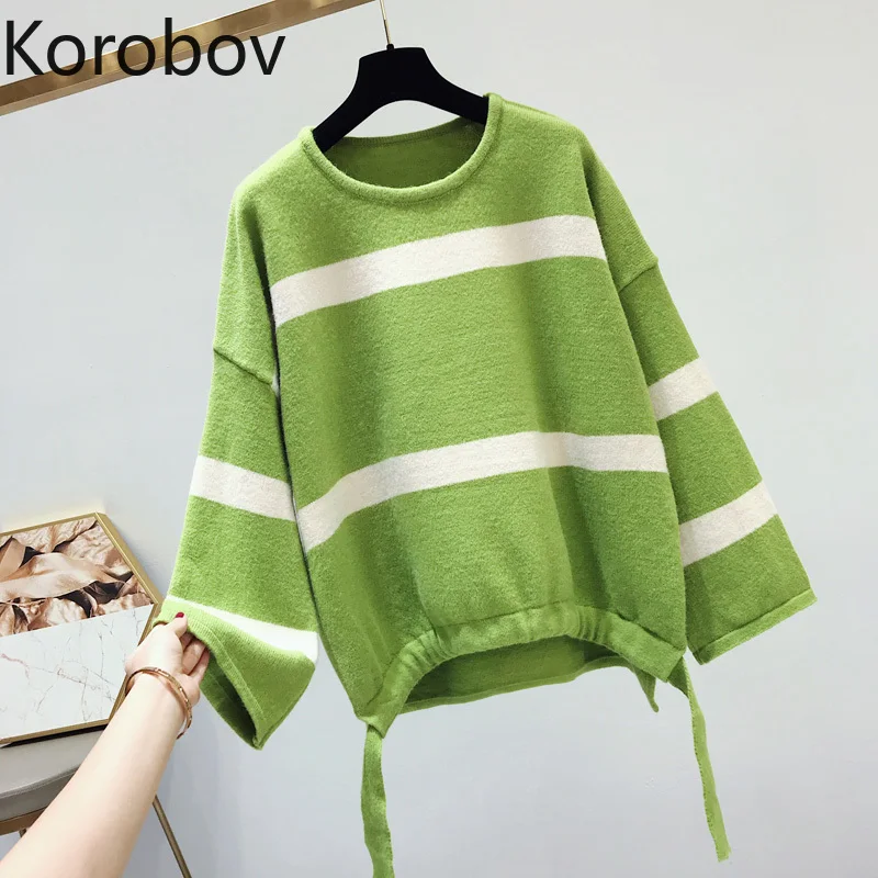 

Korobov Autumn Winter New Female Sweater Long Sleeve Casual Striped Lace-Up Drawstring Pullover O Neck Knitted Tops 78714
