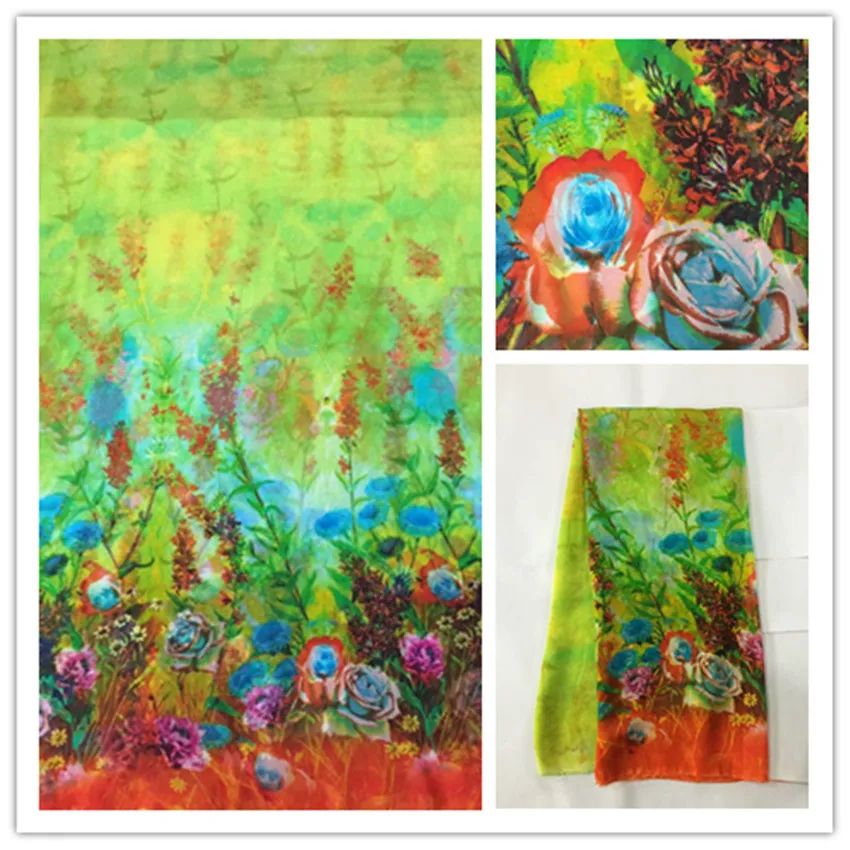 

140cm Thin 100%Pure Natural Mulberry Silk Chiffon Digital Printed Blue Fabric Material Textile Sew Women Dress Scarf Cloth DS12