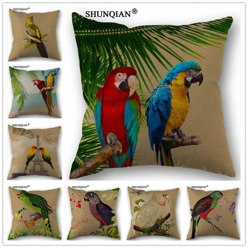 WJY4125 Tropical Style Color Parrot Pillowcase Cotton Linen Woven