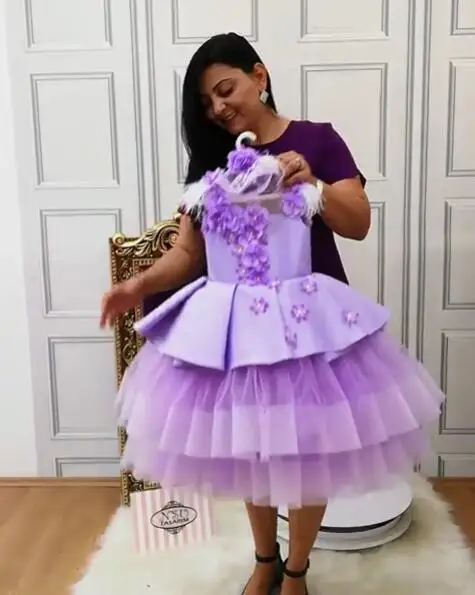 Сиреневое фиолетовое Пышное пышное платье для маленьких девочек, пышные платья для маленьких детей, фатиновые вечерние платья с цветами и бантом на день рождения