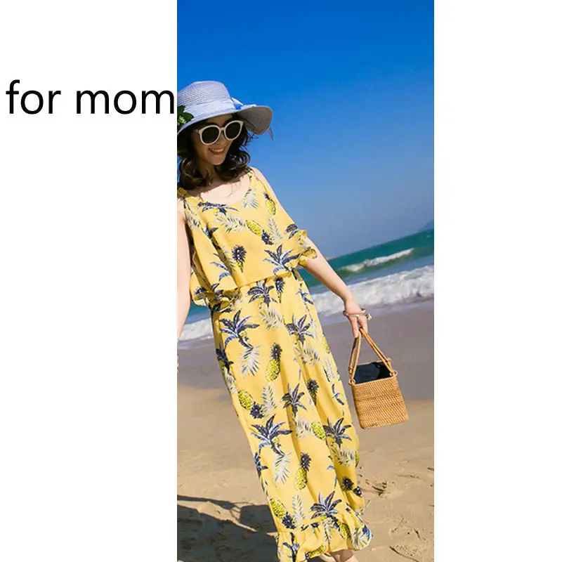 Одинаковые комплекты для семьи Гавайское платье для мамы и дочки с принтом ананаса рубашка для папы и сына Повседневная летняя семейная одежда в стиле бохо - Цвет: ct2019042501