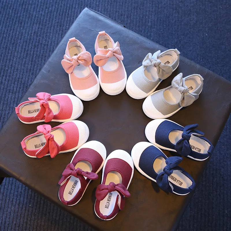 Bekamille/весенне-Осенняя детская повседневная парусиновая обувь; детская обувь на плоской подошве с милым бантом; однотонные кроссовки принцессы для девочек