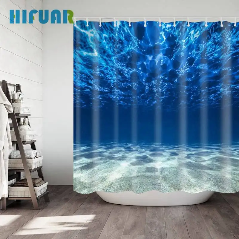 Hifuar 1PC 100 Waterproof Shower Curtain Blue Ocean Pattern Polyester