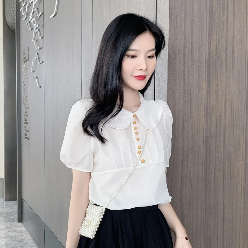 

Womens Tops and Blouses Doll Collar Chiffon Shirt Blouse Puff Sleeve Short Sleeve Shirt Blusas 2019