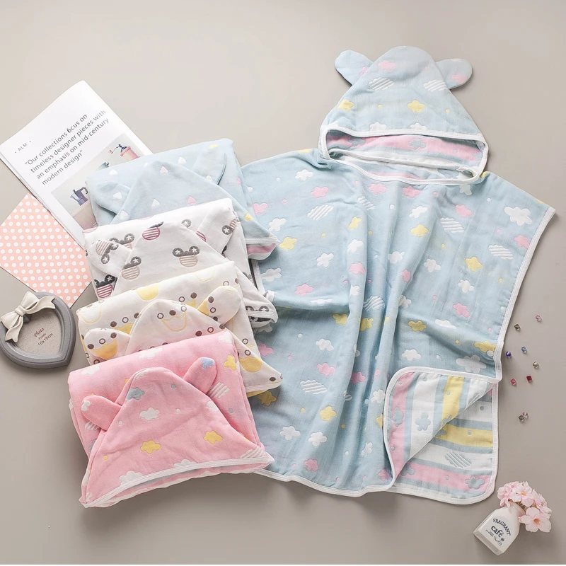Kids Towel Cloak Cotton Bathrobe 6 Layers Gauze Baby Wash Cloth Cute Boys Girls Hooded Bath Towel Toalha De Banho