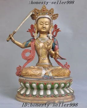 

Christmas Tibet Temple Bronze Painting Gilt hand Hold sword Tara Manjushri Kwan-Yin Statue Halloween