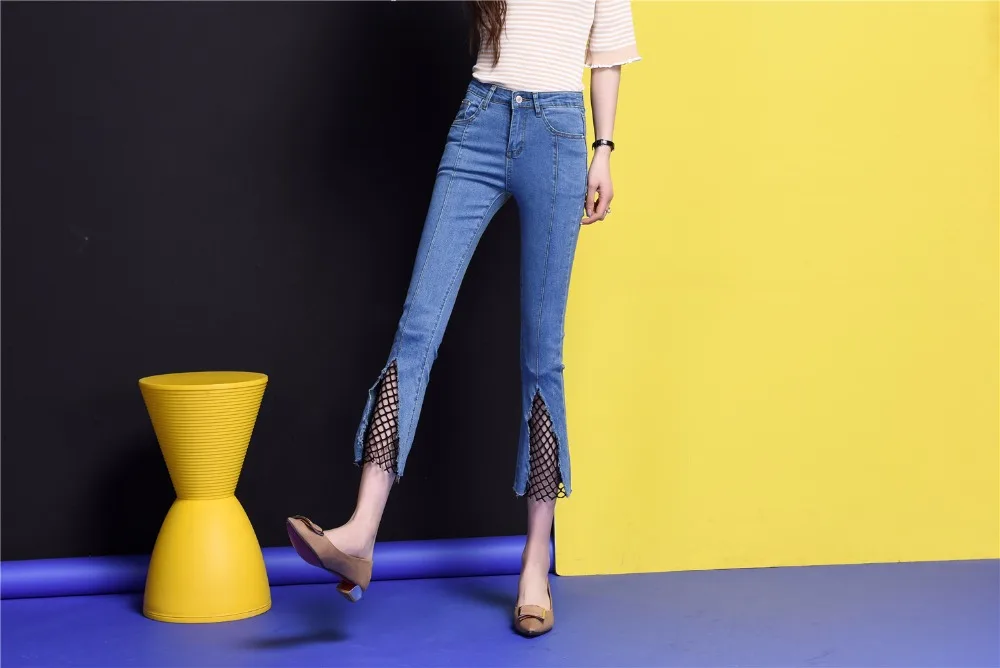 Женщина Джинсы для женщин рваные джинсовые Брюки эластичные отверстия узкие пикантные Сетки для автомобиля с нижней Для женщин облегающие