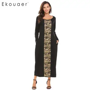 

Ekouaer Long Nightgown Women Nighties Sleepwear Long Sleeve Patchwork Casual Pocket Loose Maxi Lounge Dress Nightwear