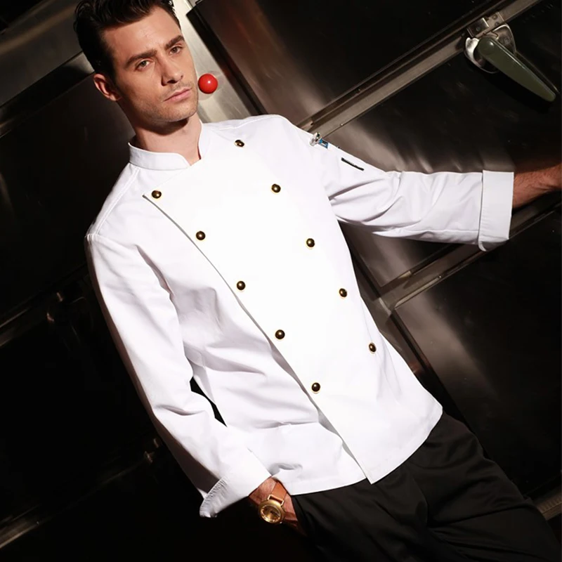 

Restaurant Hotel Kitchen Chef Coats Jackets Uniform Double Breasted Gold Color Button White Black Color Long Sleeves Unisex