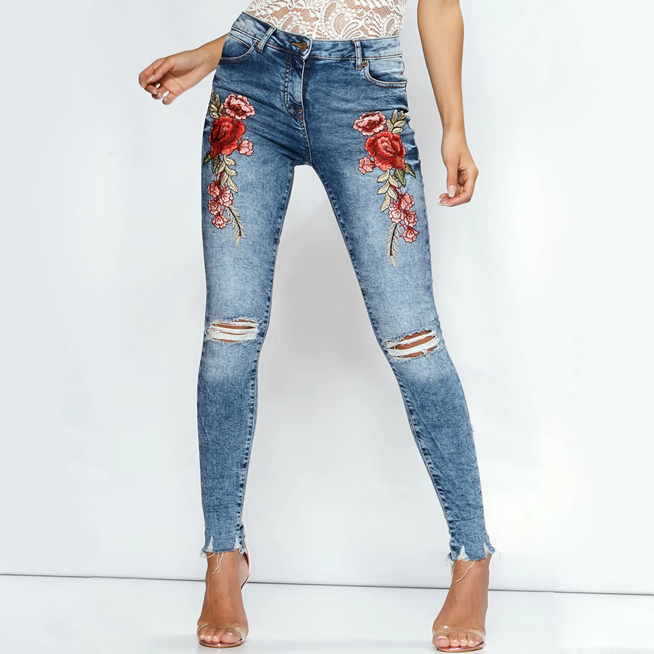 

New Long Jeans Women Sexy High Waist Skinny Flower Embroidery Destroy Bleach Ripped Pencil Jean Blue Black rip n dip Cool Girl