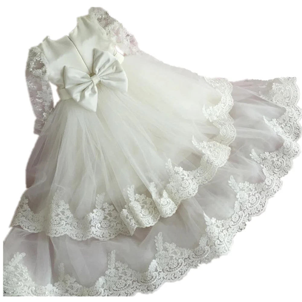 Simple Cute Kids Lace Christening Dress For Baby Long Sleeve Baptism Gown First Communion Dresses without Headflower
